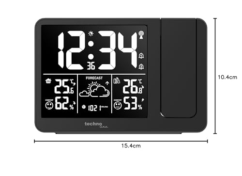 Technoline WT548 - Despertador con proyección, Radio Despertador con pronóstico del Tiempo, Temperatura Interior, Humedad Interior, indicador de Temperatura Exterior, transmisor Exterior, Pilas