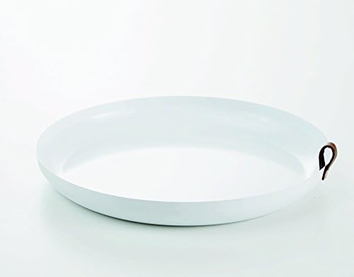 NDTdesign Serveware Aluminum Round Serving Tray with Leather Handle, Large Serving Platter (16.74in diameter), Modern (White)