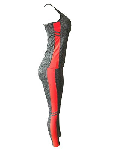 Women Sports Gym Yoga Workout Activewear Sets 2 Pieces Top+Leggings Set (M/L, Grey/Dark Coral Touch) - Thumbnail 2