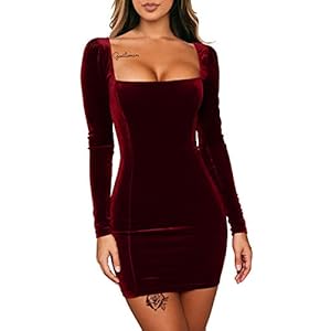 GOBLES Womens Sexy Velvet Long Sleeve Bodycon Elegant Mini Party Dress