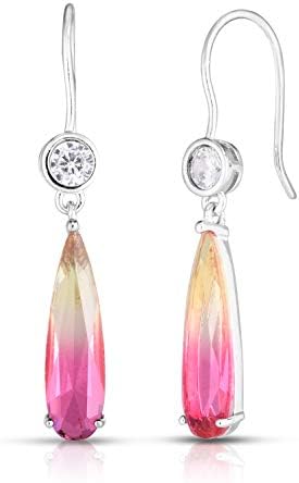 925 Solid Sterling Silver Brilliant Cut Cubic Zirconia and Simulated Pear Shape Citrine Drop Dangling Designer Pierced French Wire Earrings.