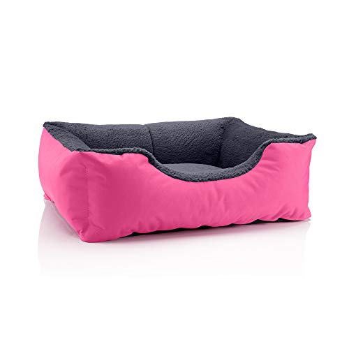 BedDog Teddy Dog Bed, Dog Sofa Made of Cordura and Microfibre Velour, Washable Dog Bed with Edge, Dog Cushion, Square, for Indoors, Outdoors, Size M, Pink/Grey