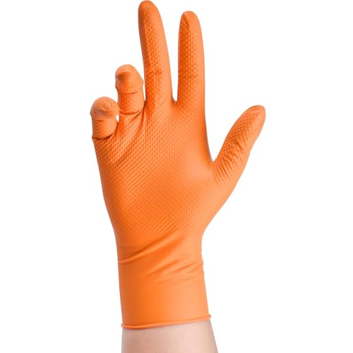 TitanFlex Thor Grip Heavy Duty Industrial Orange Nitrile Gloves with Raised Diamond Texture, 8-mil, Latex Free, Powder Free