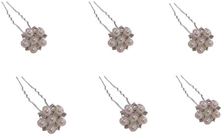 Petite Round White Pearl-Crystal Hair Pins-Holiday Evening Cocktail Wedding Party 6 Piece Set