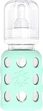 Lifefactory 4-Ounce BPA-Free Glass Baby Bottle with Protective Silicone Sleeve and Stage 1 Nipple, Mint