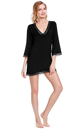 Alexander Del Rossa Womens Modal Knit Nightgown, Lace Trimmed Short Sleep Dress, Medium Black (A0413BLKMD)