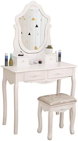 Ansleyhosho 姫系ド レッサー 椅子付2点セット 化粧台 兼デスク 白 可愛い メイク台 引き出し付 ドレッサーテーブル 小物収納 鏡台 北欧 姿見 鏡 ミラ 猫足 木製 大容量 スツール付き 組立品 一面鏡 ホワイト Candchipiona Com