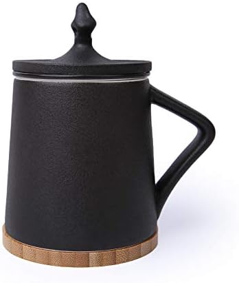 Ceramic Tea Cup with Filter,Lid & Coaster by OTBHome Brewing Strainer for Loose Leaf, Black Diffuser mug set for Office and Home Uses (Gift Box 10oz)