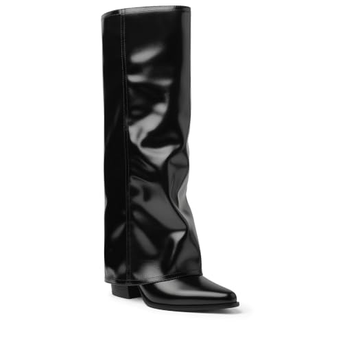 Herrlyn Black Shark Boots Fold Over Boots Knee High Boots Women Size 10 at Amazon
