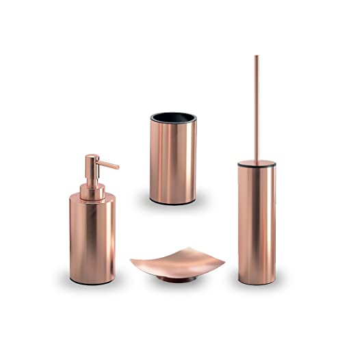 GEDY | Set Elettra 4-teilig, 1 Seifenschale, 1 WC-Bürste, 1 Seifenspender und 1 Zahnbürstenhalter, Serie aus Edelstahl, Farbe Roségold