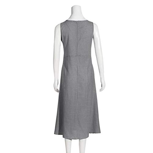 BODOAO Women Linen Casual Striped Sleeveless Dress Crew Neck Pocket Long Dress