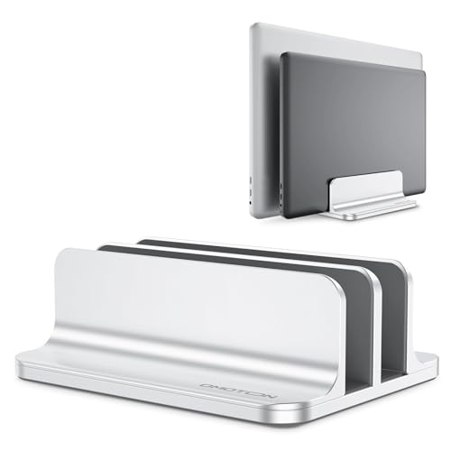OMOTON [Updated Dock Version Double Vertical Laptop Stand, Desktop Laptop Stand Holder with Adjustable Dock (Up to 17.3 inches), Silver