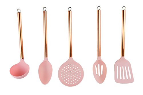 COOK with COLOR 5 Piece Pink Nylon Cooking Utensil Set on a Ring with Rose Gold Copper Handles