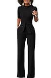 KISSMODA Womens Elegant Wide Leg Work Jumpsuits Long Fitted Romper Pants Half Sleeve with Belt (Medium, Black)