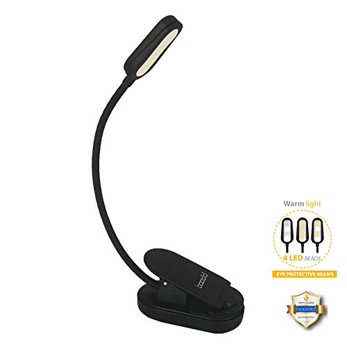 Easy CLIP ON READING LIGHT, BOOK LIGHT & BED LIGHT for reading in Bed or Desk. RECHARGEABLE, EYE-CARE Protection, 20 HOUR use, 2 Modes, 4 LED. Good for Music stand, kids, WARM TRAVEL LIGHT & CAMPING