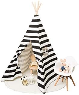 small boy XWT Kids Teepee Play Tent Cotton Canvas Child Indian Teepee Tent with Stripe Playhouse for Kids Indoors Outdoors with Carry Bag (Black Pinstripe)