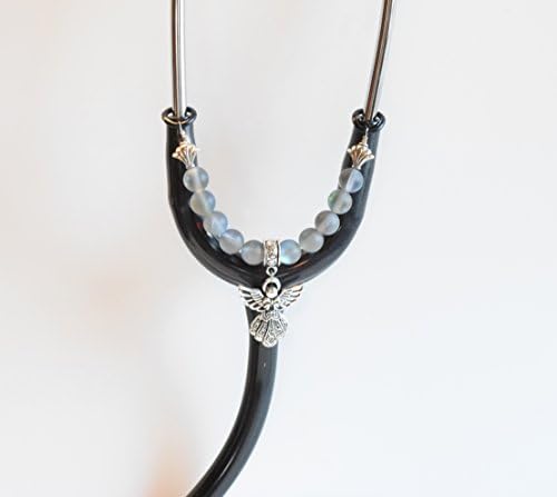 Women's Beaded Stethoscope ID Tag Pendant Charm Jewelry Accessories GRAY with SILVER ANGEL