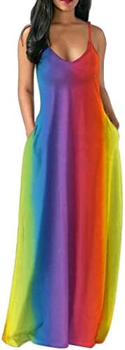 Women Maxi Dress Plus Size Rainbow Sleeveless V Neck Loose Long Dress with Pocket