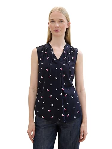 TOM TAILOR Damen Basic Bluse mit Rüschen-Detail am Kragen, pink navy floral design, 46