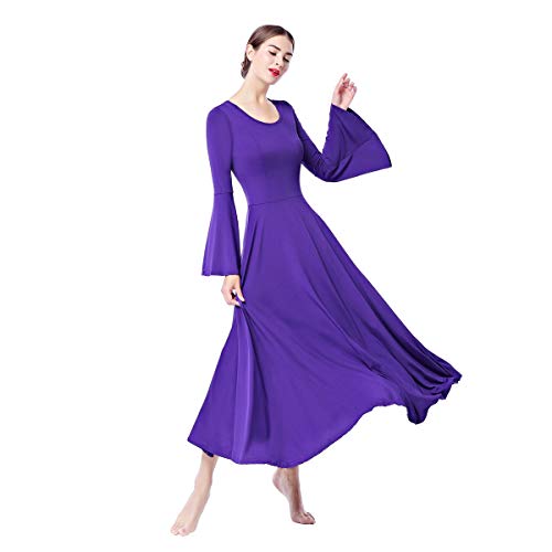 Women Bell Sleeve Liturgical Costume Full Length Loose Fit Pleated Praise Dance Dress Maxi Worship Gown