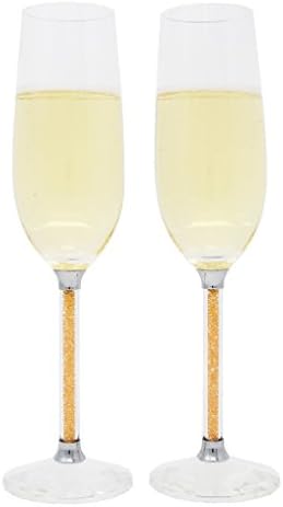 Champagne Glass Flutes, Set of 2, Countless Gold Rhinestones Stem