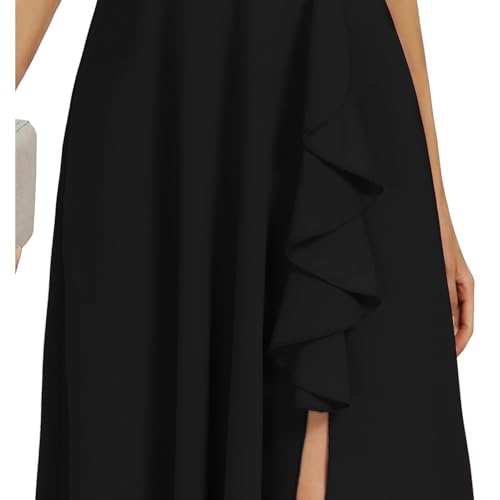 COOAN Women's Black Long Formal Dresses, Cocktail Dresses, Wedding Guest Dresses, Ruffle Division, Elegant V Neck, Party Dresses