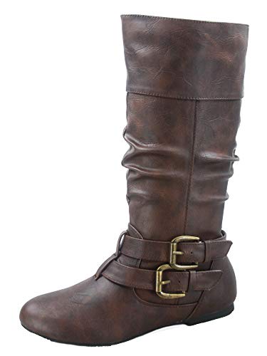 ForeverSonny-54 Women's Stylish Round Toe Buckle Zipper Slouchy Mid-Calf Riding Boots Shoes