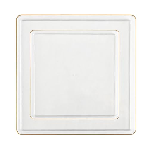 Photo 1 of PLASTICPRO 40 Pack Square Plastic Plates Elegant Gold Rim Premium Quality Combo Pack Disposable Plastic Dinner Plates and Appetizer Plates, Transparent with Gold Rim