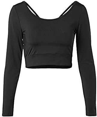 ENIDMIL Crop Tops for Women - Long Sleeve Crop Top Workout Yoga Gym Sports Shirt - Scoop Neck Slim Fit Cross Backless Top
