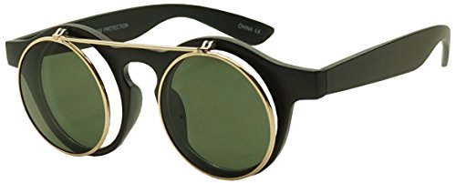 SunglassUP - Round 43mm Cyber Steampunk Flip Up Clear Lens Glasses / Sunglasses (Matte Black / Gold)