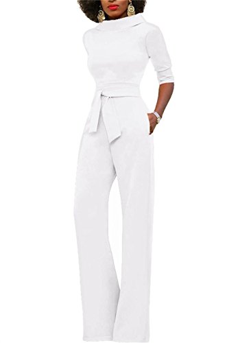 KISSMODA Women's Half Sleeve Wide Leg Jumpsuit Ropmer with Belt White X-Large
