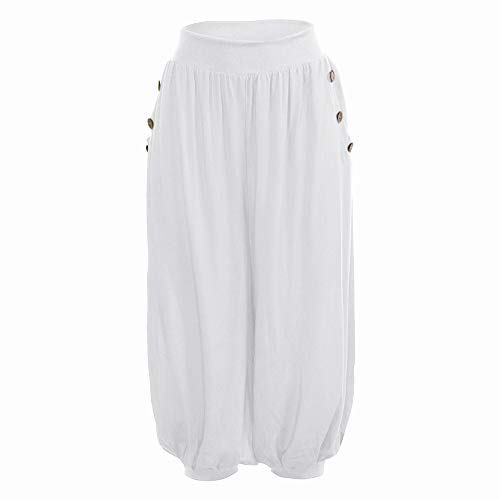 Sunhusing Women's Solid Color High Waist Yoga Pants Fitness Casual Loose Button Buckle Pocket Cropped Pants White - Thumbnail 2