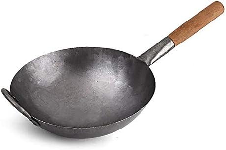 Traditional Hand Hammered Carbon Steel Pow Wok with Wooden Handle and Steel Helper Handle - 12 Inch,Round Bottom Wok