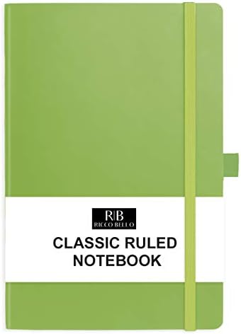 RICCO BELLO College Ruled Hardcover Lined Lay Flat Journal Notebook - Vegan Leather, Elastic Closure, Pen Loop, Bookmark, Inner Pocket, 192 Lined Pages, 5.7 x 8.4 inches (Lime Green)