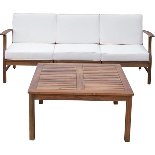 ZAVEROX Acacia Wood 3-Seater Outdoor Sofa Set with Coffee Table, Modular Patio Furniture with Cushionedfor Backyard, Poolside,Garden (Cream)