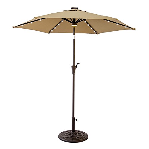 FLAME&SHADE 7.5 ft LED Outdoor Patio Market Umbrella with Crank Lift, Push Button Tilt, Beige