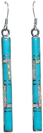 1-5/8 inch Handmade St. Silver Inlaid Synthetic Turquoise Created Fire Opal Stone Staff Earrings