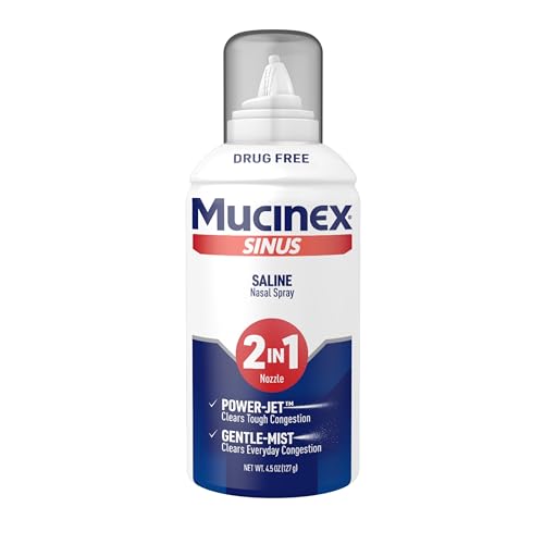 MUCINEX SINUS SALINE NASAL SPRAY & SINUS RINSE, DRUG-FREE, ADDITIVE FREE, NON-DROWSY NASAL IRRIGATION WITH 2-IN-1 JET + MIST SPRAY NOZZLE FOR COLD & ALLERGY SEASON, 4.5OZ SALINE SOLUTION SPRAY