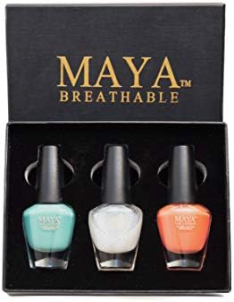 Maya Halal, Breathable & Toxin-Free Vegan Nail Polish (Summer Sky, Top Coat- Glitter, Orange Zest) Gift Set 3 Pieces.