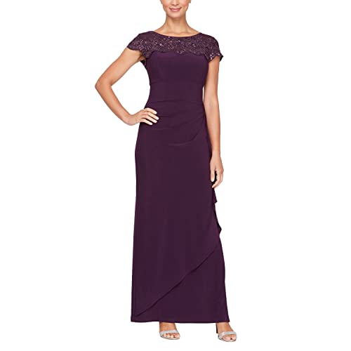 Alex Evenings Women’s Long Column Dress with Sweetheart Neck (Petite and Regular), Eggplant Embroidered, 10