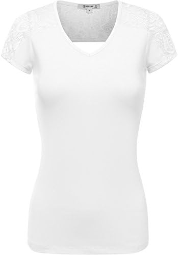 THENEWNEW Womens Short Sleeve V-Neck T-Shirt With Lace Detail WHITE SMALL
