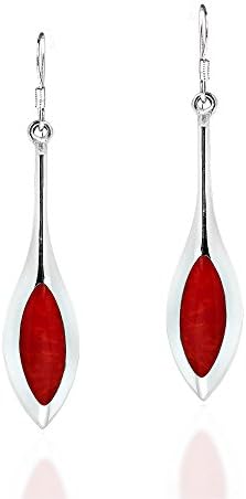 Classy Long Red Coral Inlay .925 Sterling Silver Dangle Prom Earrings