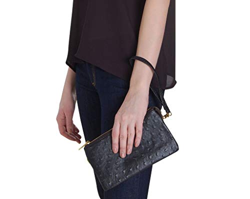 Humble Chic Vegan Leather Faux Ostrich Wristlet - Textured Dot Convertible Wallet Crossbody Bag Clutch Purse with Shoulder Strap, Olive Green, Dark Green, Hunter, Forest, Army - Thumbnail 3