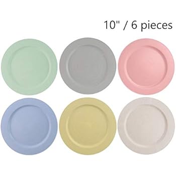 10 Inch Wheat Straw Plastic Dinner Plates (6 Pieces/Pack) - Unbreakable, Lightweight, Non-toxic, BPA Free, Freezer, Dishwasher and Microwave Safe - For Kids, Toddlers and Adults - Assorted Colors