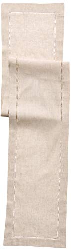 Saro Lifestyle Poly and Linen Blend Hemstitched Table Runner with Hemstitch Border, 16"x90", Natural