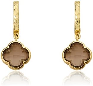 Riccova Arctic Mist Hammered 14k Gold-Plated Small Huggy Earring With Brown Faceted Clover Dangle Brass