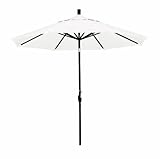 California Umbrella 9' Round Aluminum Market Umbrella, Crank Lift, Push Button Tilt, Black Pole, White Olefin