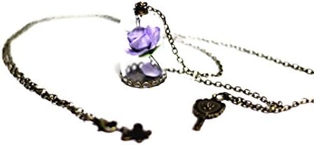 Womens Girls Beauty and the Beast Rose in Glass Dome Enchanted Rose Necklace Jewelry Belle Cosplay (Purple)