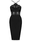 UONBOX Women's Sexy Lace Spliced Backless Spaghetti Strap Halter Cocktail Party Bandage Dress Black L