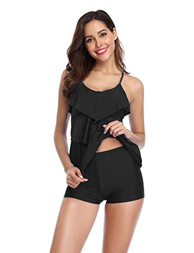 LALAVAVA Women's Two Piece Swimsuit Polka Dot Flounce Printed Tank Top with Boyshorts Bottom Tankini Set (Black, XX-Large) - Thumbnail 2